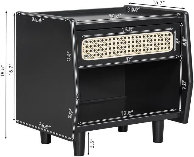 Alt view image 2 of 7 - Black Nightstand With Rattan Detail, Mdf + Solid Wood, Modern Bedroom Storage, Open Shelf & Drawer, Indoor Furniture