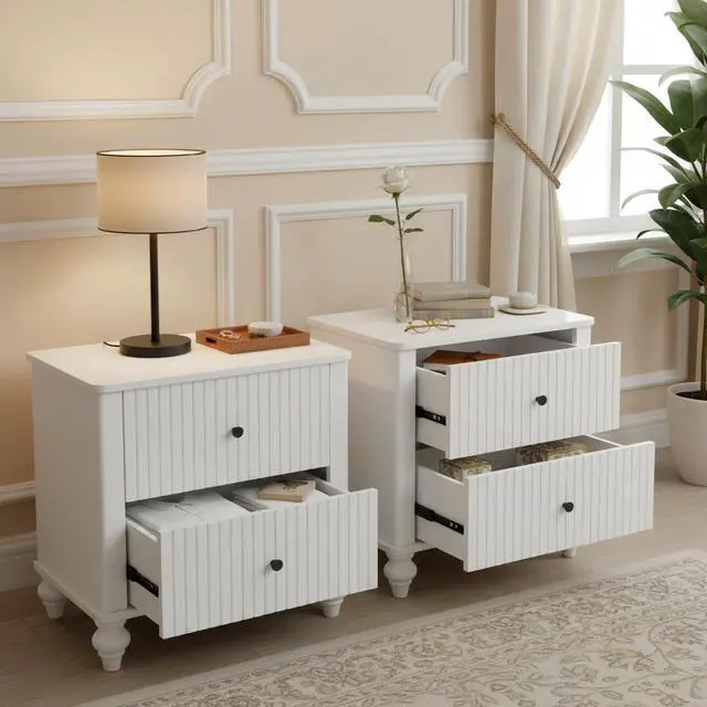 Alt view image 4 of 7 - 23" Nightstand With 2 Drawers, White Color - Sturdy Wooden Bedside Table For Bedroom & Living Room Use, Modern Decor, Mp1