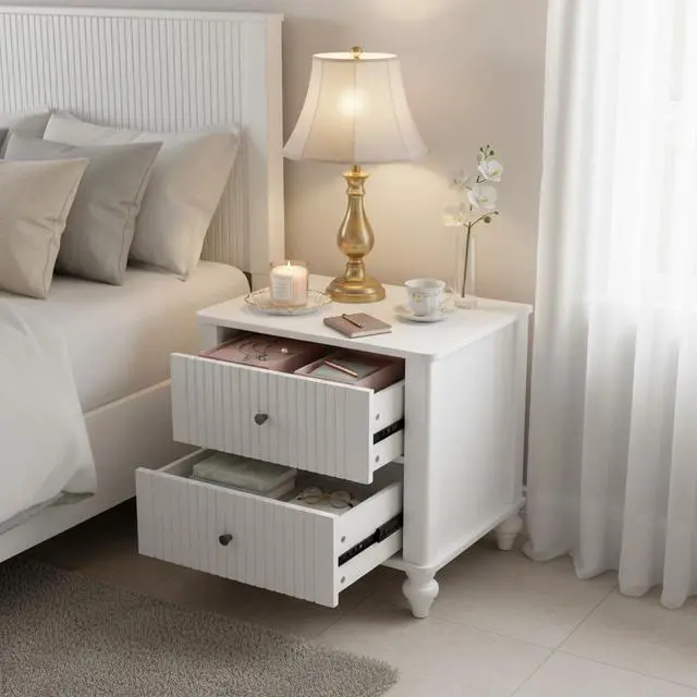 Main image of 23" Nightstand With 2 Drawers, White Color - Sturdy Wooden Bedside Table For Bedroom & Living Room Use, Modern Decor, Mp1