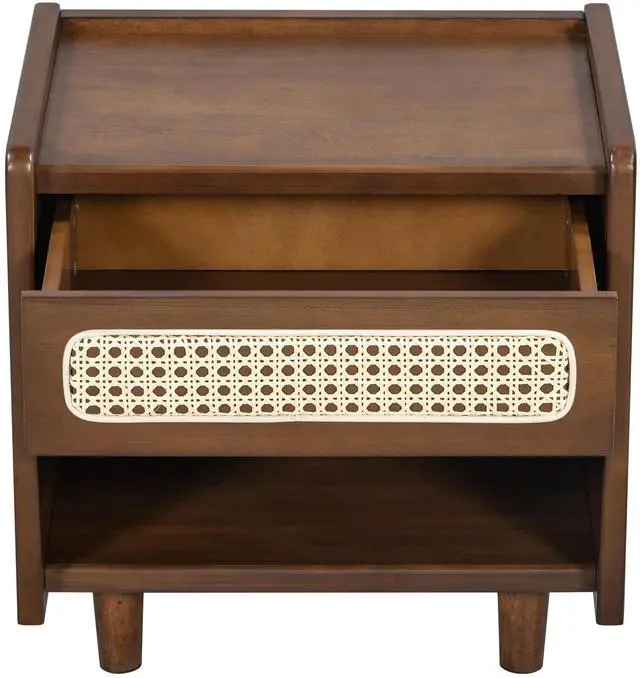 Alt view image 6 of 7 - Walnut Nightstand With Rattan Detail, Mdf + Solid Wood, Modern Bedroom Storage, Open Shelf & Drawer, Indoor Furniture