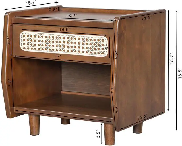 Alt view image 2 of 7 - Walnut Nightstand With Rattan Detail, Mdf + Solid Wood, Modern Bedroom Storage, Open Shelf & Drawer, Indoor Furniture
