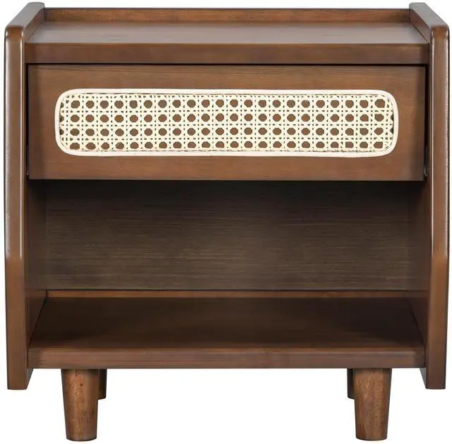 Alt view image 4 of 7 - Walnut Nightstand With Rattan Detail, Mdf + Solid Wood, Modern Bedroom Storage, Open Shelf & Drawer, Indoor Furniture