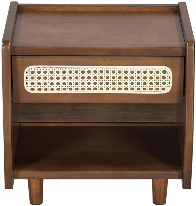 Alt view image 5 of 7 - Walnut Nightstand With Rattan Detail, Mdf + Solid Wood, Modern Bedroom Storage, Open Shelf & Drawer, Indoor Furniture