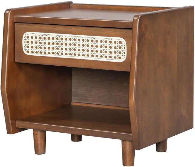 Alt view image 7 of 7 - Walnut Nightstand With Rattan Detail, Mdf + Solid Wood, Modern Bedroom Storage, Open Shelf & Drawer, Indoor Furniture