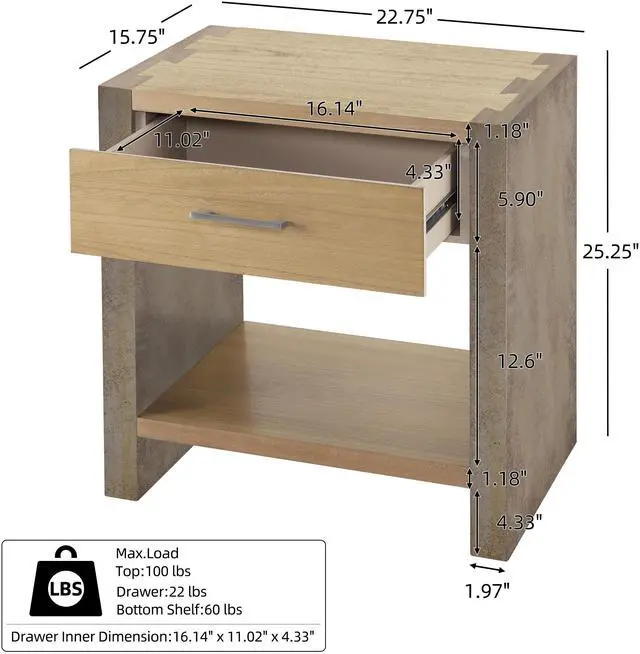 Alt view image 4 of 7 - Wood Nightstand, Bedside Table Natural &Gray Color