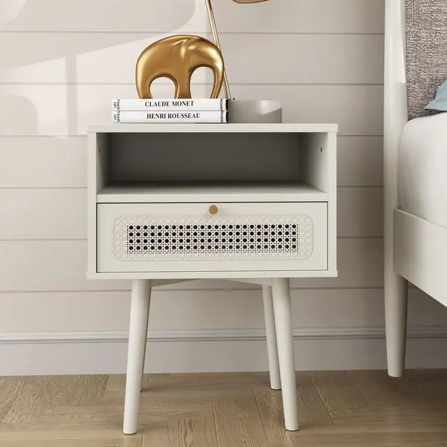Main image of Feeney Dual-Tier Storage Nightstand, Side Table, Cream White
