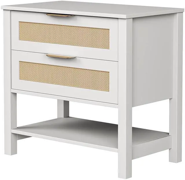 Alt view image 2 of 7 - Rattan Nightstand With 2 Drawers And Storage Shelf Boho Bedside Narrow Side Table For Bedroom