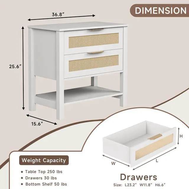 Alt view image 3 of 7 - Rattan Nightstand With 2 Drawers And Storage Shelf Boho Bedside Narrow Side Table For Bedroom