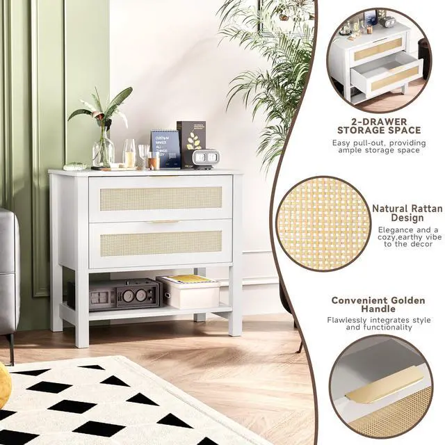 Alt view image 6 of 7 - Rattan Nightstand With 2 Drawers And Storage Shelf Boho Bedside Narrow Side Table For Bedroom