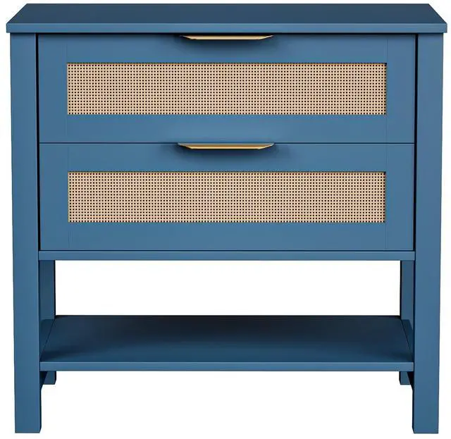 Main image of Rattan Nightstand With 2 Drawers And Storage Shelf Boho Bedside Narrow Side Table For Bedroom