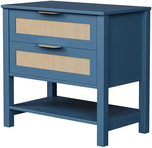 Alt view image 2 of 7 - Rattan Nightstand With 2 Drawers And Storage Shelf Boho Bedside Narrow Side Table For Bedroom