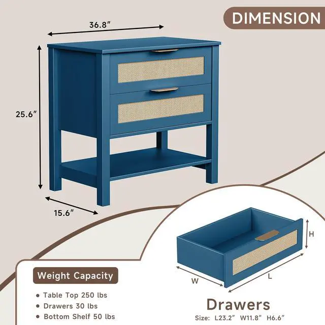 Alt view image 3 of 7 - Rattan Nightstand With 2 Drawers And Storage Shelf Boho Bedside Narrow Side Table For Bedroom