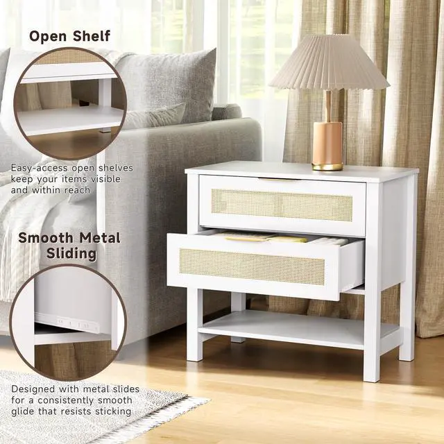 Alt view image 7 of 7 - Rattan Nightstand With 2 Drawers And Storage Shelf Boho Bedside Narrow Side Table For Bedroom