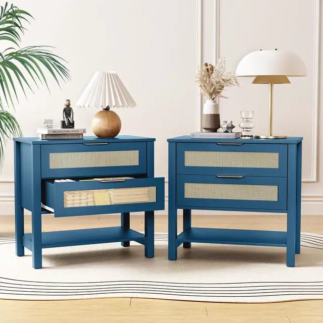Alt view image 4 of 7 - Rattan Nightstand With 2 Drawers And Storage Shelf Boho Bedside Narrow Side Table For Bedroom