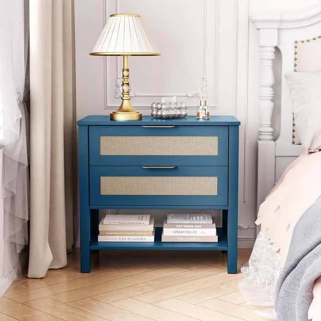 Alt view image 5 of 7 - Rattan Nightstand With 2 Drawers And Storage Shelf Boho Bedside Narrow Side Table For Bedroom