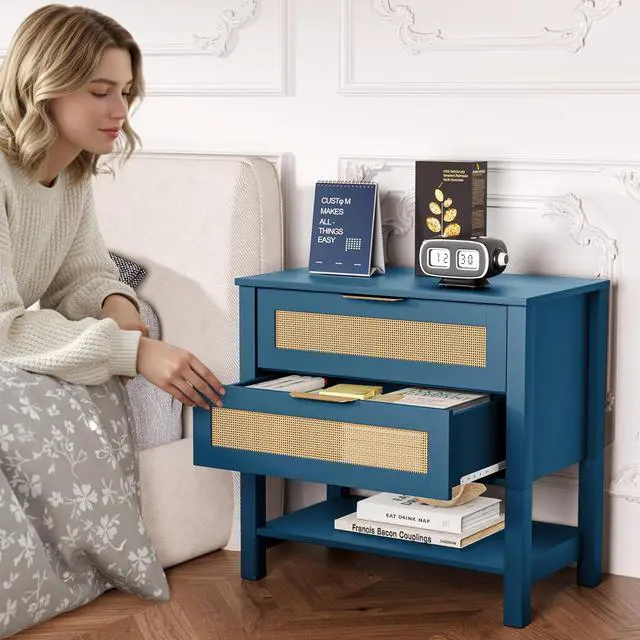 Alt view image 6 of 7 - Rattan Nightstand With 2 Drawers And Storage Shelf Boho Bedside Narrow Side Table For Bedroom