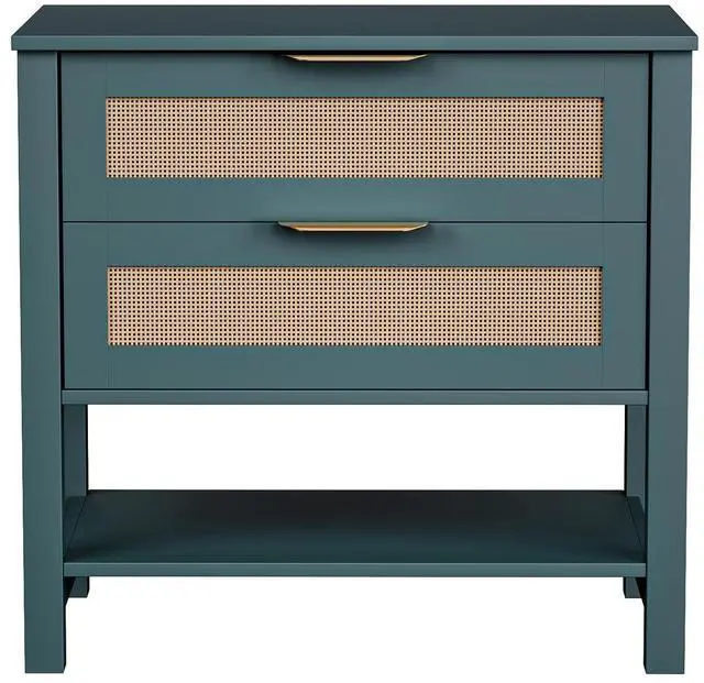 Main image of Rattan Nightstand With 2 Drawers And Storage Shelf Boho Bedside Narrow Side Table For Bedroom