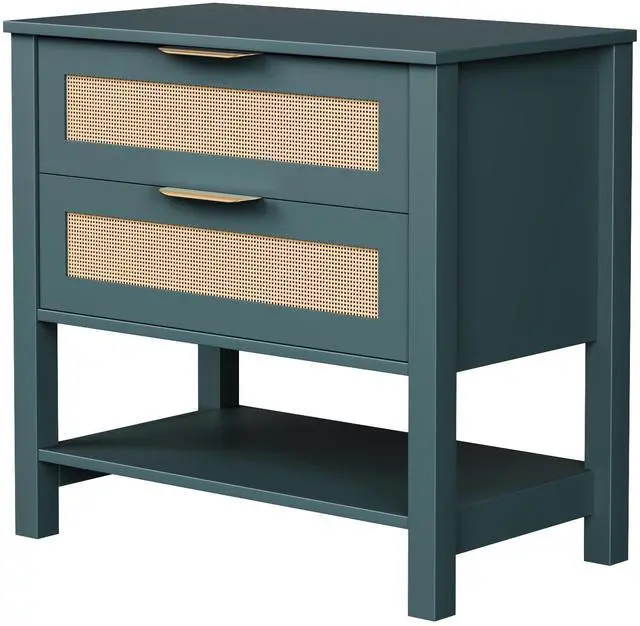 Alt view image 2 of 7 - Rattan Nightstand With 2 Drawers And Storage Shelf Boho Bedside Narrow Side Table For Bedroom