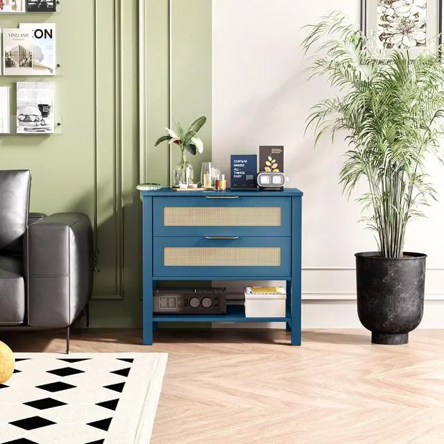 Alt view image 7 of 7 - Rattan Nightstand With 2 Drawers And Storage Shelf Boho Bedside Narrow Side Table For Bedroom