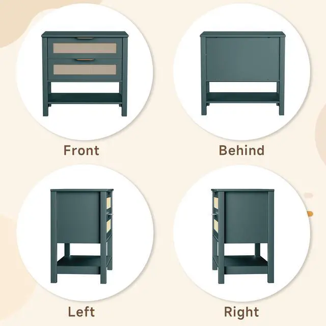 Alt view image 3 of 7 - Rattan Nightstand With 2 Drawers And Storage Shelf Boho Bedside Narrow Side Table For Bedroom