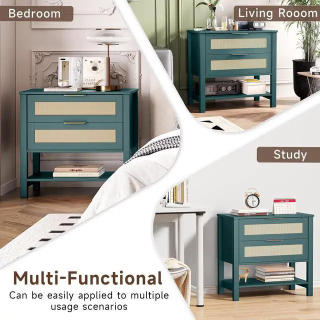 Alt view image 4 of 7 - Rattan Nightstand With 2 Drawers And Storage Shelf Boho Bedside Narrow Side Table For Bedroom