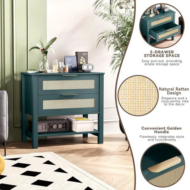 Alt view image 5 of 7 - Rattan Nightstand With 2 Drawers And Storage Shelf Boho Bedside Narrow Side Table For Bedroom