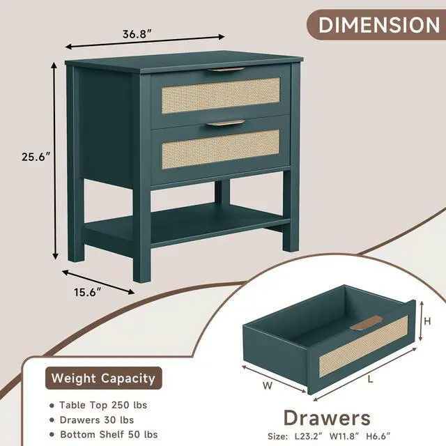 Alt view image 7 of 7 - Rattan Nightstand With 2 Drawers And Storage Shelf Boho Bedside Narrow Side Table For Bedroom