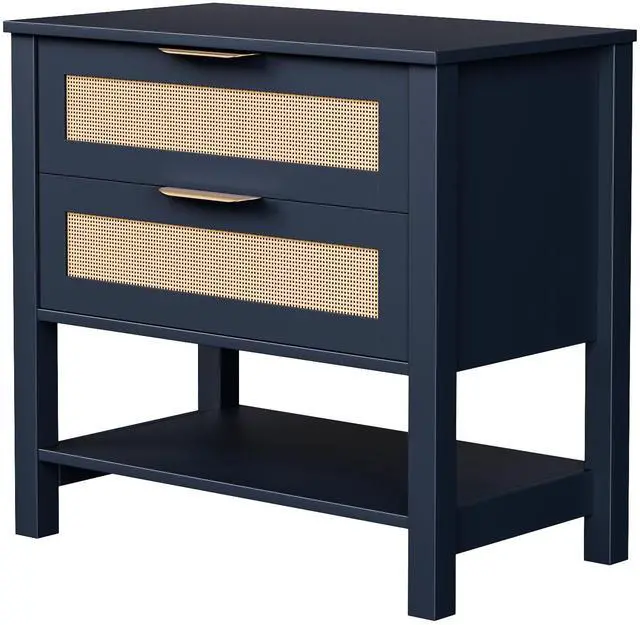 Alt view image 2 of 7 - Rattan Nightstand With 2 Drawers And Storage Shelf Boho Bedside Narrow Side Table For Bedroom