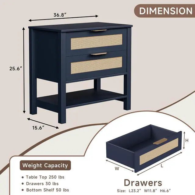 Alt view image 3 of 7 - Rattan Nightstand With 2 Drawers And Storage Shelf Boho Bedside Narrow Side Table For Bedroom