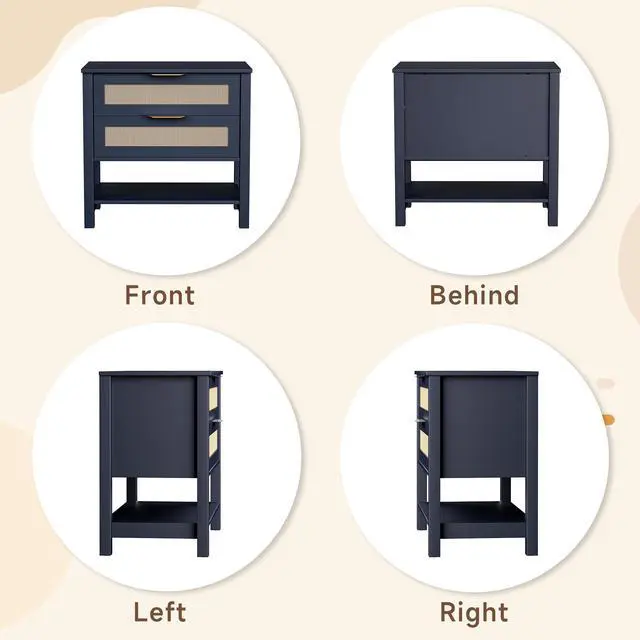 Alt view image 4 of 7 - Rattan Nightstand With 2 Drawers And Storage Shelf Boho Bedside Narrow Side Table For Bedroom