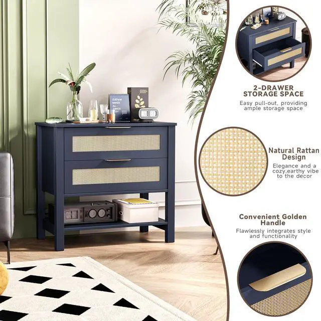 Alt view image 5 of 7 - Rattan Nightstand With 2 Drawers And Storage Shelf Boho Bedside Narrow Side Table For Bedroom
