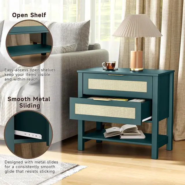 Alt view image 6 of 7 - Rattan Nightstand With 2 Drawers And Storage Shelf Boho Bedside Narrow Side Table For Bedroom