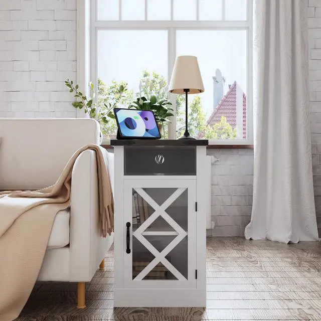 Main image of Farmhouse End Table With Charging Station, 15.4'' Rustic Nightstand With Barn Door & Adjustable Shelf, Wooden Sofa Side Table With 3-Tier Storage For Living Room, Bedroom, White
