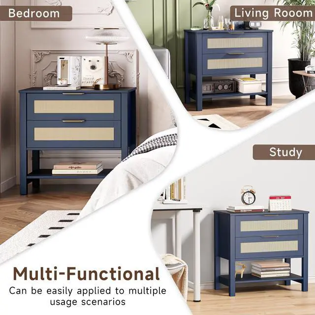 Alt view image 7 of 7 - Rattan Nightstand With 2 Drawers And Storage Shelf Boho Bedside Narrow Side Table For Bedroom