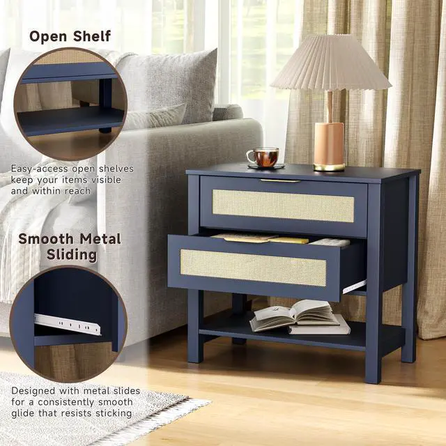 Alt view image 6 of 7 - Rattan Nightstand With 2 Drawers And Storage Shelf Boho Bedside Narrow Side Table For Bedroom