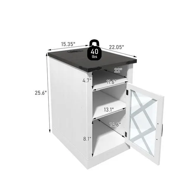 Alt view image 3 of 7 - Farmhouse End Table With Charging Station, 15.4'' Rustic Nightstand With Barn Door & Adjustable Shelf, Wooden Sofa Side Table With 3-Tier Storage For Living Room, Bedroom, White