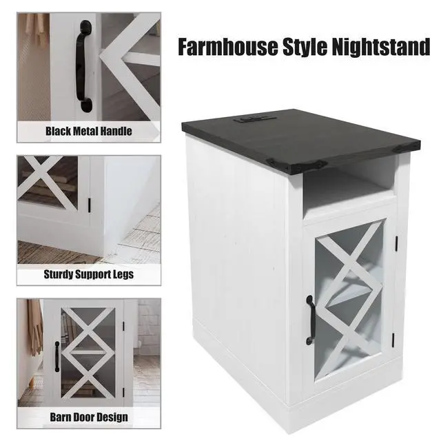 Alt view image 4 of 7 - Farmhouse End Table With Charging Station, 15.4'' Rustic Nightstand With Barn Door & Adjustable Shelf, Wooden Sofa Side Table With 3-Tier Storage For Living Room, Bedroom, White