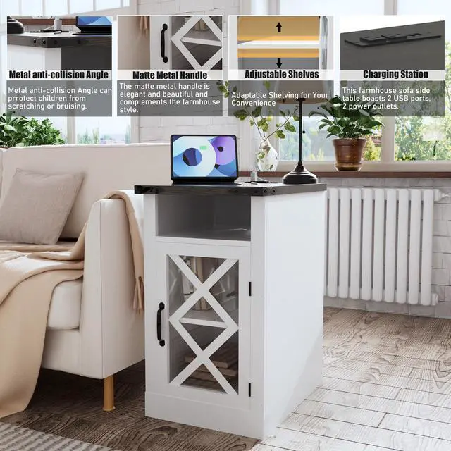 Alt view image 5 of 7 - Farmhouse End Table With Charging Station, 15.4'' Rustic Nightstand With Barn Door & Adjustable Shelf, Wooden Sofa Side Table With 3-Tier Storage For Living Room, Bedroom, White