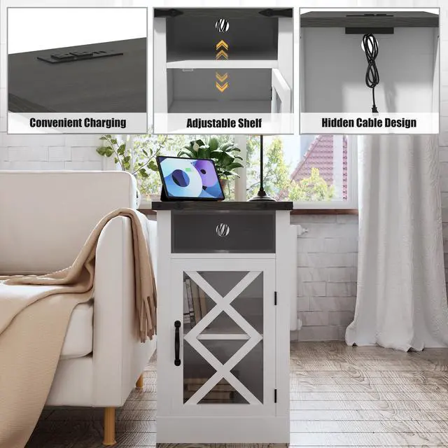 Alt view image 6 of 7 - Farmhouse End Table With Charging Station, 15.4'' Rustic Nightstand With Barn Door & Adjustable Shelf, Wooden Sofa Side Table With 3-Tier Storage For Living Room, Bedroom, White