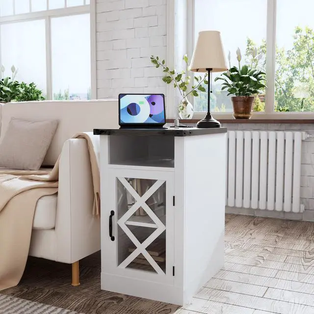 Alt view image 7 of 7 - Farmhouse End Table With Charging Station, 15.4'' Rustic Nightstand With Barn Door & Adjustable Shelf, Wooden Sofa Side Table With 3-Tier Storage For Living Room, Bedroom, White