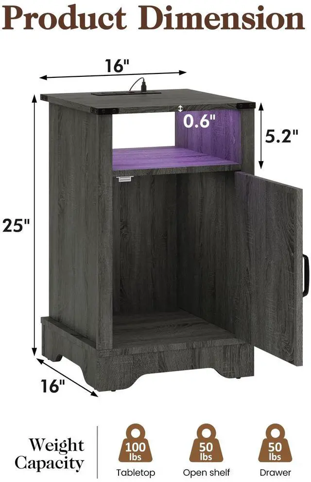 Alt view image 2 of 7 - Led Nightstand With Charging Station, Bedside Table With Storage Cabinet And Shelf, Rustic End Table, Farmhouse Wooden Side Table, For Bedroom, Living Room, Dark Gray