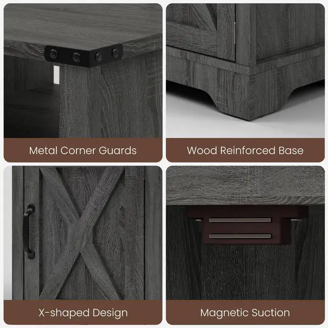 Alt view image 4 of 7 - Led Nightstand With Charging Station, Bedside Table With Storage Cabinet And Shelf, Rustic End Table, Farmhouse Wooden Side Table, For Bedroom, Living Room, Dark Gray