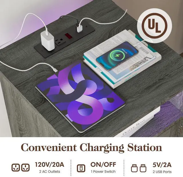 Alt view image 5 of 7 - Led Nightstand With Charging Station, Bedside Table With Storage Cabinet And Shelf, Rustic End Table, Farmhouse Wooden Side Table, For Bedroom, Living Room, Dark Gray