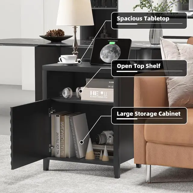 Alt view image 2 of 7 - Nightstand With Charger Station And Usb Port,19 Inch Modern Night Stand With Storage Shelf, Bedside Tables For Bedroom, Home, Living Room,Black