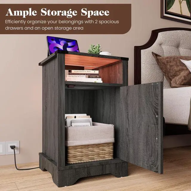 Alt view image 3 of 7 - Led Nightstand With Charging Station, Bedside Table With Storage Cabinet And Shelf, Rustic End Table, Farmhouse Wooden Side Table, For Bedroom, Living Room, Dark Gray