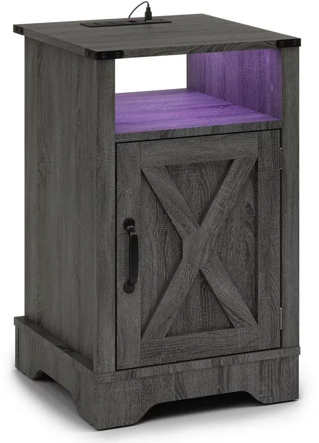 Main image of Led Nightstand With Charging Station, Bedside Table With Storage Cabinet And Shelf, Rustic End Table, Farmhouse Wooden Side Table, For Bedroom, Living Room, Dark Gray