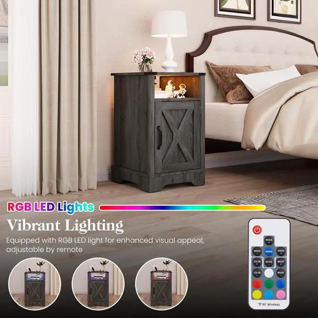 Alt view image 6 of 7 - Led Nightstand With Charging Station, Bedside Table With Storage Cabinet And Shelf, Rustic End Table, Farmhouse Wooden Side Table, For Bedroom, Living Room, Dark Gray