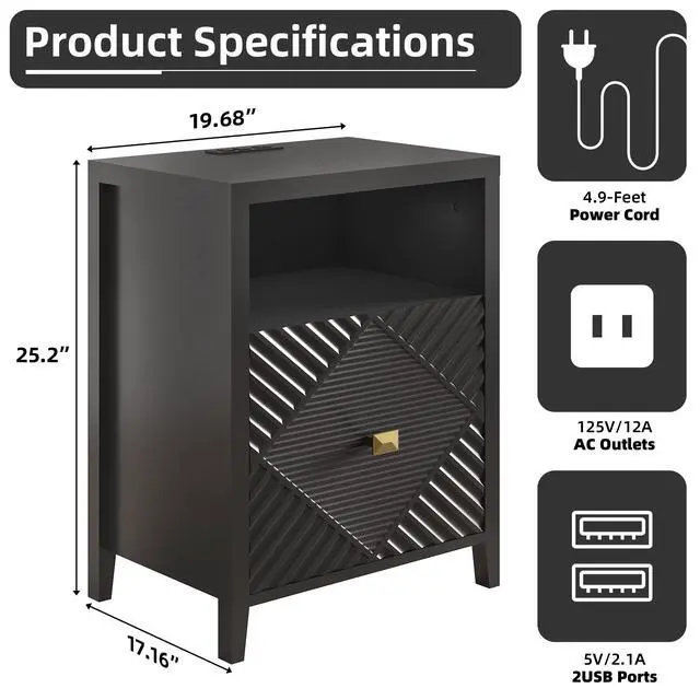 Alt view image 4 of 7 - Nightstand With Charger Station And Usb Port,19 Inch Modern Night Stand With Storage Shelf, Bedside Tables For Bedroom, Home, Living Room,Black