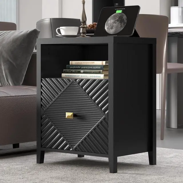 Alt view image 6 of 7 - Nightstand With Charger Station And Usb Port,19 Inch Modern Night Stand With Storage Shelf, Bedside Tables For Bedroom, Home, Living Room,Black