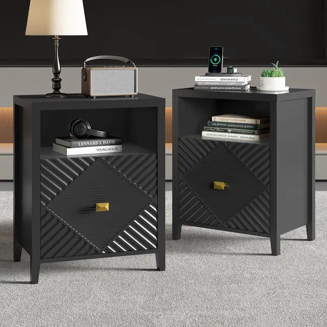 Alt view image 7 of 7 - Nightstand With Charger Station And Usb Port,19 Inch Modern Night Stand With Storage Shelf, Bedside Tables For Bedroom, Home, Living Room,Black